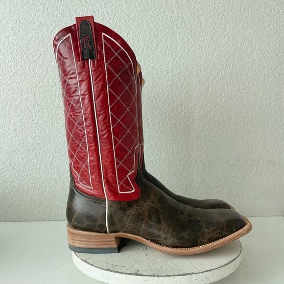 Rod Patrick Mens Cowboy Boots 14.5D Brown Mocha Bison Leather Square Toe Red Top - Picture 3 of 13